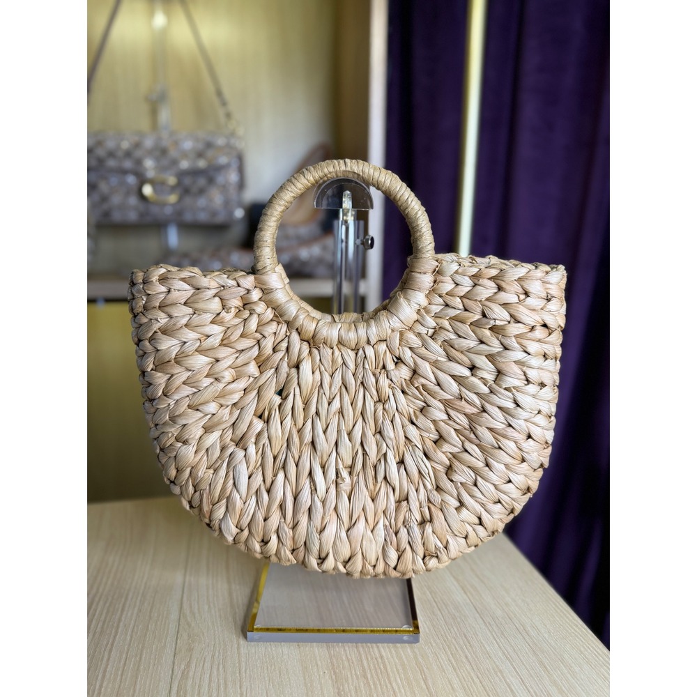 Natural Woven Straw Crescent Handbag Turquoise Lining Boho Summer Tote Bag - Picture 2 of 4